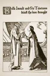 Belle Isoult and Sir Tristram drink the love draught, illustration from 